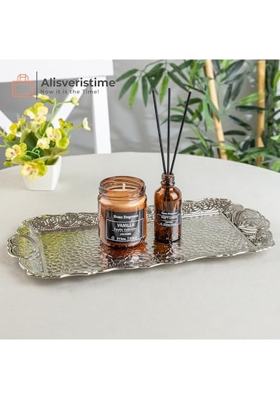 Osmanlı Motifli Küçük Metal Servis Tepsisi Dekoratif Sunum Tepsisi, 36 X 18 Cm, 306 G Gümüş Grisi 15cm