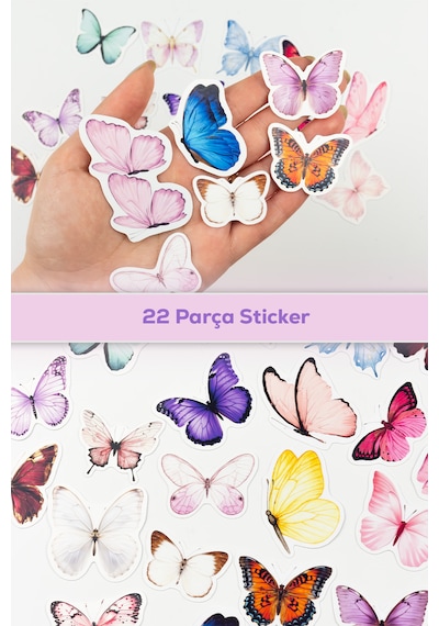 Renkli Kelebekler Sticker Paketi 22 Parça Kaliteli Su Geçirmez Etiket Seti Çok Renkli