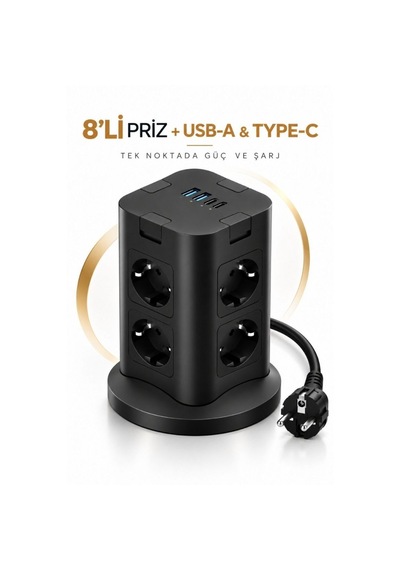 8 Li Çoklu Priz Usb-a + Type-c Şarj Girişli Güç Ve Şarj İstasyonu 0 - 2 M