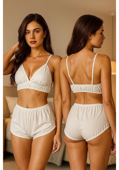 Ang Butik Kadın Beyaz Yüksek Bel Şortlu Bralet Takım