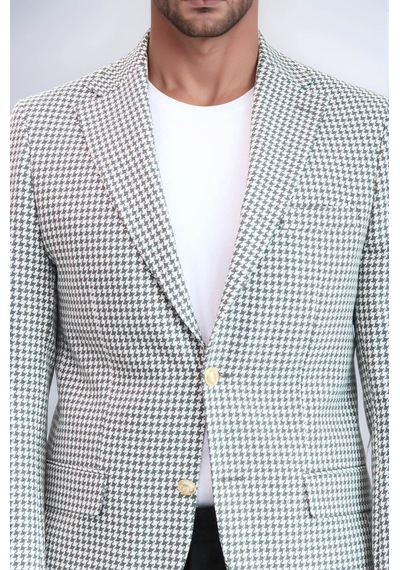 Açık Gri Kazayağı Desenli Gold Renk Metal Düğmeli Slim Fit Erkek Blazer Ceket - Wessi Grey
