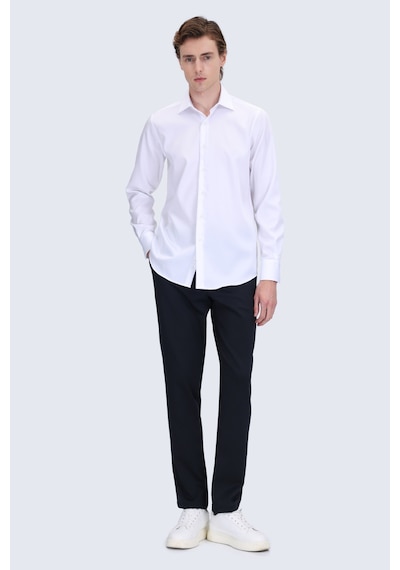 Hatemoğlu Beyaz Comfort Fit Slim Yaka Uzun Kollu Non Iron Saten Gömlek