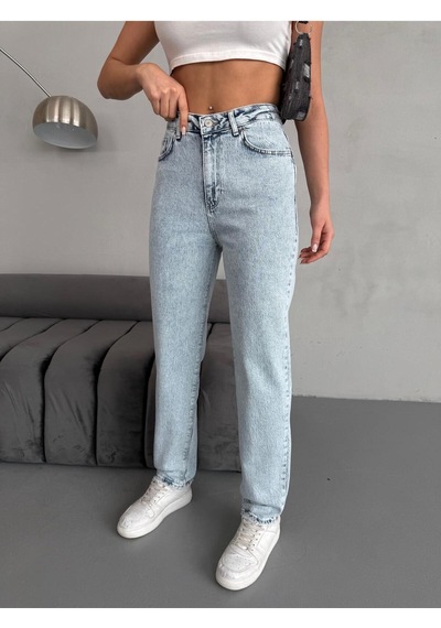 Ara Beden Blue Snow Wash Lycra Mom Jean Mavi