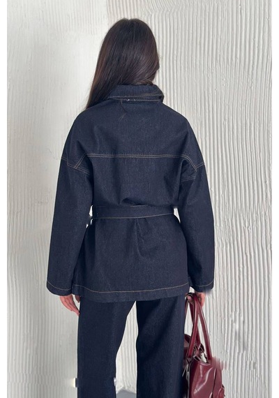 Kadın Kuşaklı Denim Pantolon & Ceket Takımı Modern & Güçlü Siluet Lacivert