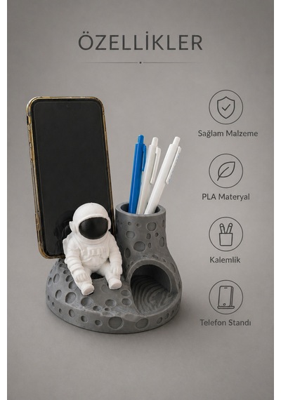 Astronot Figürlü Telefon Standlı Kalemlik Ay Yüzeyi Tasarımlı Masaüstü Organizer Ve Ofis Masa Düzenleyici
