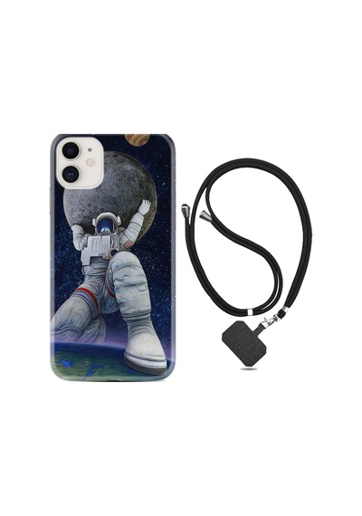 Apple Uyumlu iPhone 12 Kılıf Boyun Askılı Astronot ve Dünya 1759