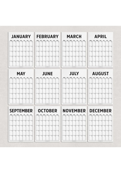 Tarihsiz Aylık Planlayıcı Duvar Takvimi - Minimalist Siyah Beyaz Modern Planlayıcı 12 Ay