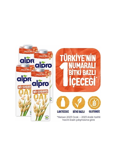 Alpro Şekersiz Yulaf Sütü 4x1 L Vegan Laktozsuz Bitkisel Bazlı