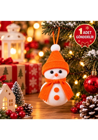 Bakgelal Yılbaşı Ağacı Süsü Kardan Adam Figürlü 16 Cm Keçe Şapkalı Ve Atkılı Asılabilir Dekoratif Süs Turuncu Şapkalı - 9087886639501