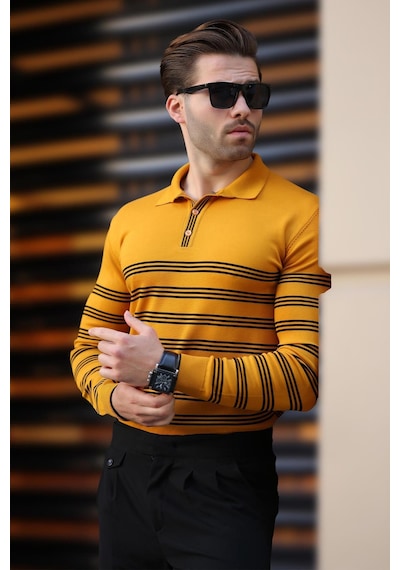 Madmext Hardal Düğmeli Polo Yaka Çizgili Uzun Kollu Kazak 7270 Hardal