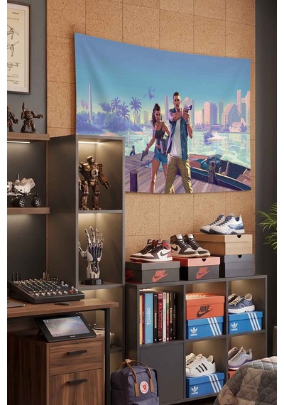 Gta 6 Miami Sahil Silahlı Karakterler Dekoratif Duvar Örtüsü Duvar Halısı Beyaz