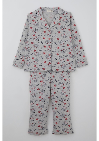 Breeze Kız Çocuk Pijama Takımı Kraliçe Kedicik & Çilek Desenli 7-11 Yaş, Açık Gri Melanj
