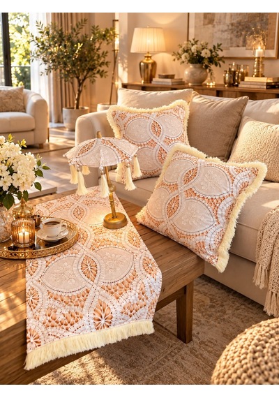 Missidea Lace Elegance Dantel Desenli Dekoratif Masa Üstü Lambası Bali Şemsiyesi Seti Şemsiye + Runner + 2 Li Kırlent Kılıfı Krem