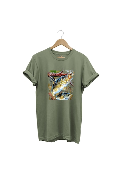 Balıkçılık Avcılık Olta İle Balık Tutmak Sazlık Alabalık Levrek Baskılı Pamuk Regular Fit T-shirt Haki