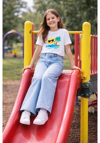 Cedy Denim Cedy Denım Yüksek Kalite Kız Çocuk Yüksek Bel %100 Cotton Palazzo Jean Pantolon Buz Mavisi