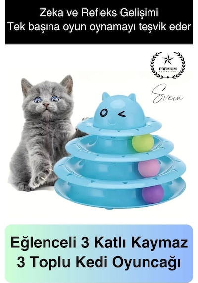 3 Katlı 3 Toplu Kedi Oyuncağı Yuvarlak Eğlence Dönen Hareketli Abs Plastik Çıngıraklı Zeka Gelişim