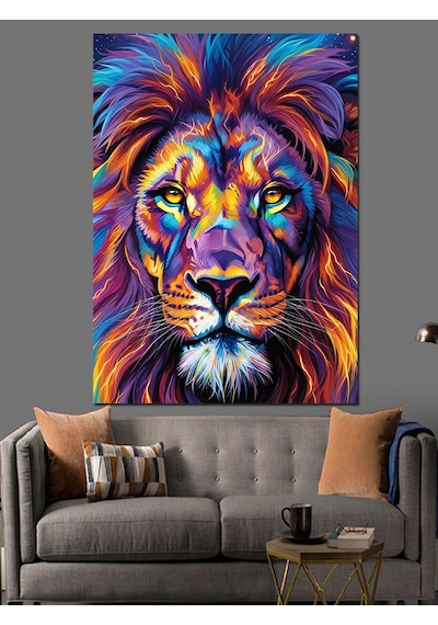 Ahşap Tablo Rengarenk Aslan Başı Portresi