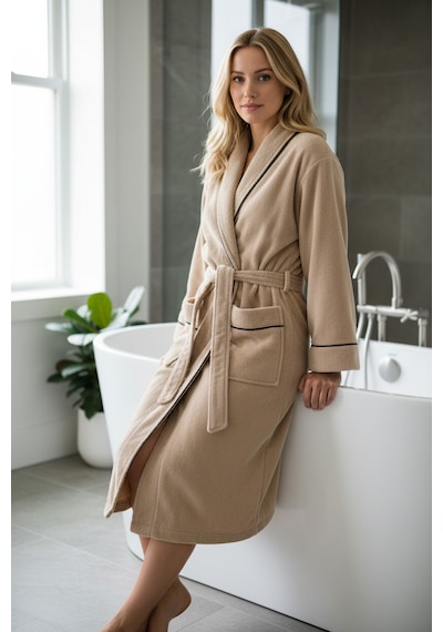 % 100 Pamuklu Laodikeia Kimono Bornoz Unisex Kadın Erkek Bej