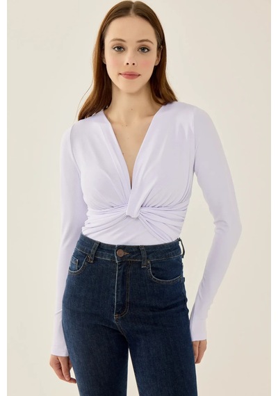 Hiccup V Yaka Uzun Kollu Slim Fit Bodysuit Tozlu Beyaz