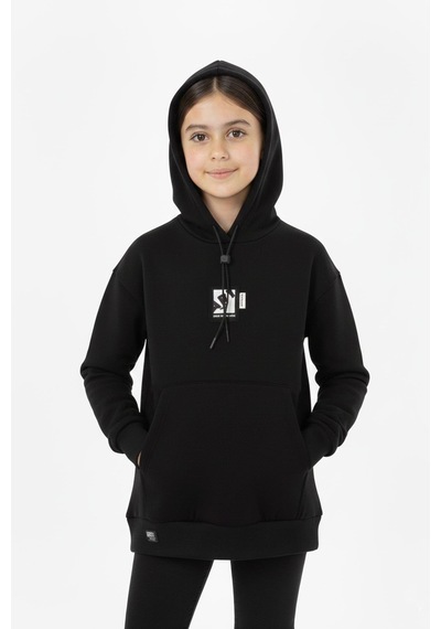 Kapüşonlu Art Baskılı Kanguru Cepli Kız Çocuk Sweatshirt-90850 Siyah