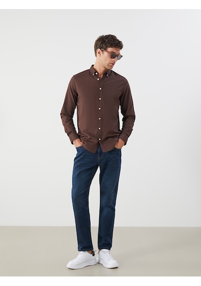 Lcwaıkıkı Classic Kahverengi Regular Fit Uzun Kollu Keten Karışımlı Erkek Gömlek