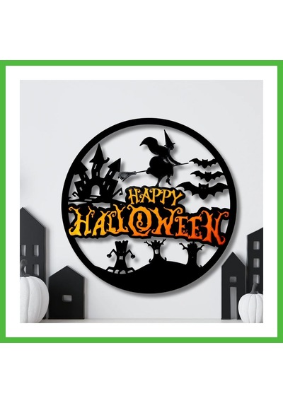 Vaveni 3d Baskı Happy Halloween Yuvarlak Duvar Panosu Cadı Şato Yarasa Silüetli Kapı Süsü Duvar Dekoru Siyah Arz