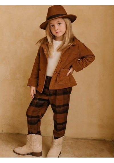 Zekids Kız Çocuk Bel Lastikli Ekose Paça Düğmeli Pantolon-16206 Kahverengi