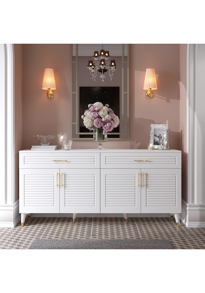 Panjurlu Mdf Membran Kapaklı 4 Kapaklı 2 Çekmeceli Konsol 180 Cm Modern Beyaz Gold Beyaz - Altın Panjurlu Mdf Membran Kapaklı 4 Kapaklı 2 Çekmeceli Konsol 180 Cm Modern Beyaz Gold Beyaz - Altın