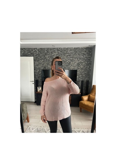Wellway Kayık Yaka Simli Kumaş İnce Triko Kazak-pembe Pembe