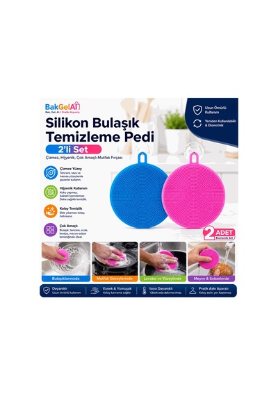 Bakgelal Silikon Bulaşık Temizleme Pedi 2'li Set Çizmez, Hijyenik, Çok Amaçlı Mutfak Fırçası