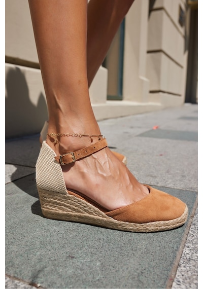 Miss Kadın Bej Biskuvi Gercek Deri Suet 5 Cm Topuklu Espadrıl Sandalet Taba Suet