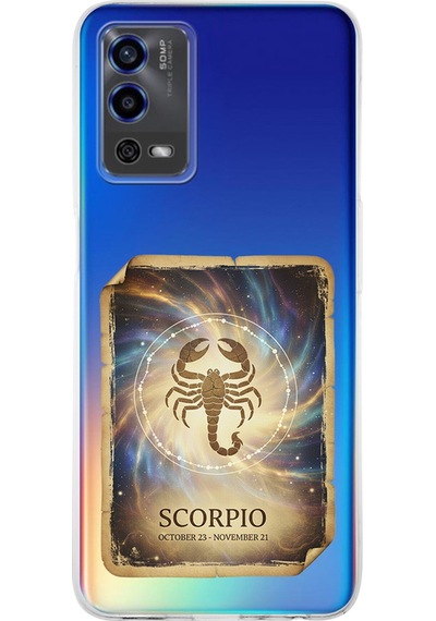 Oppo A55 İle Uyumlu Burç Kartları Akrep Tasarımlı Şeffaf Silikon Kılıf Şeffaf