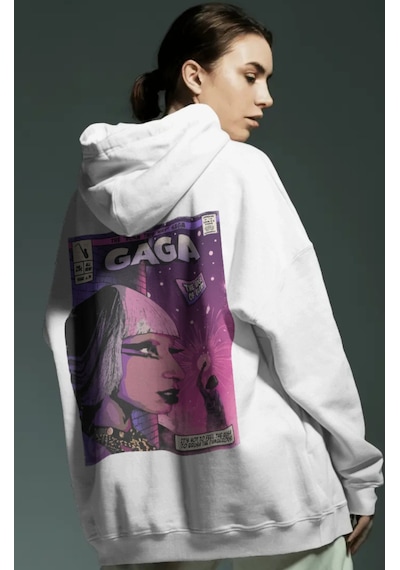 Sevbano Tasarım Lady Gaga Şarkıcı Sırt Baskılı Unisex Oversize Penye Hood beyaz