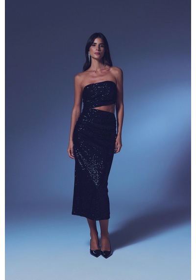 Sateen Bel Dekolteli Payet Elbise - Siyah-135406 Siyah