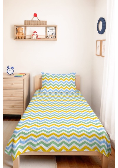 Mavi Zigzag Geometrik Genç Odası Tek Kişilik Pike Takımı-sarı Yeşil 160x220 Cm Kapitone Yatak Örtüsü Bohem Kireç Geçişi