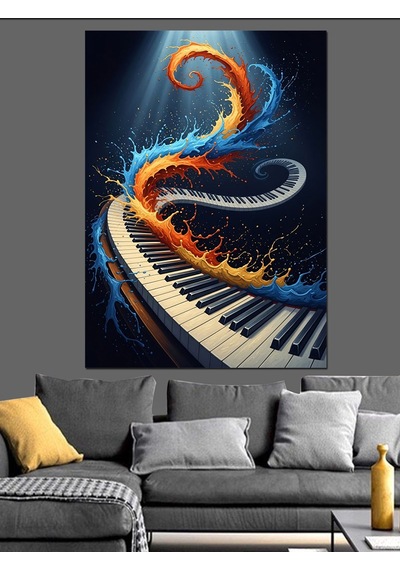 Piyano Tuşlarından Çıkan Renkli Notalar Dekoratif Kanvas - Mdf Ahşap Tablo