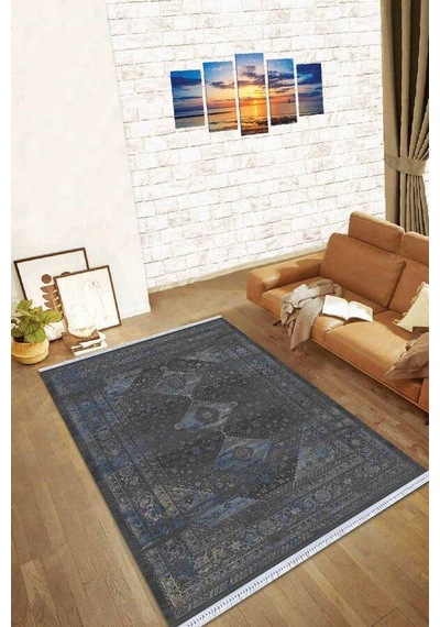 Füme Vintage Dokuma Pamuk Tabanlı Kaymaz Kilim Klm169n11