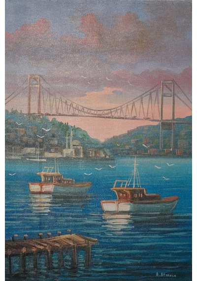 Boğaz'da Gün Batımı: Köprü, Vapurlar Ve Sessiz İskele 50 x 35 CM