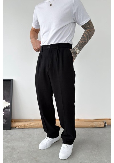 Siyah Premium Baggy Keten Pantolon Siyah