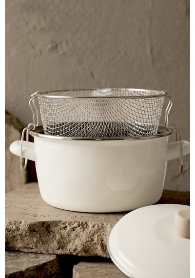 Terra Cook Ahşap Kulplu,paslanmaz Saplı Krem Süzgeçli Emaye Kızartma Tenceresi 22 Cm Krem