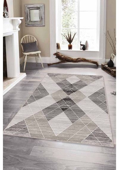Gri Geometrik Kaymaz Tabanlı Makinede Yıkanabilir Halı Dd01n11
