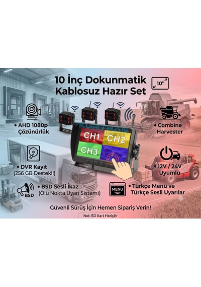 10 İnç Dvr Dokunmatik 3 Adet Kablosuz Kamera Ahd 1080p Monitör Bsd Kör Nokta Sistemli 12 24 V
