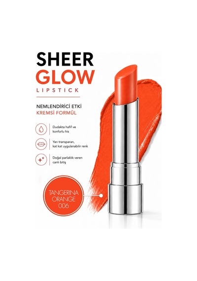 Pierre Cardin Sheer Glow Lipstick - Parlak Bitişli Nemlendirici Ruj - Tangerina Orange - 006 0
