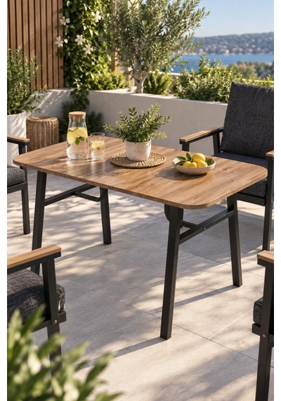 Sulorahome Ahşap Desenli Bahçe Masası Ve Metal Ayaklı Dış Mekan Masası
