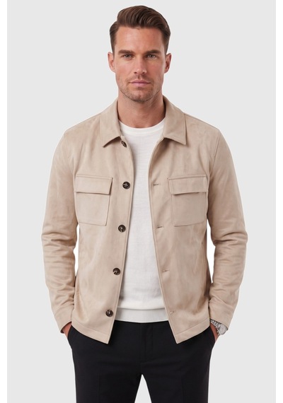 Rizzup Erkek Slim Fit Tüylenmeyen Kırışmayan Krem Süet Ceket Astarlı Gömlek Yaka 2704503