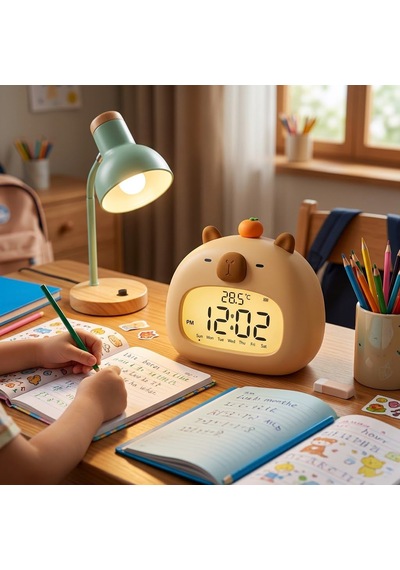 Cappybara Termometreli Çocuk Gece Lambası Masa Saati Açık Kahverengi