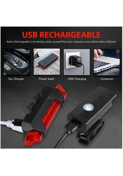 Aqy 300 Lümen Usb Şarjlı Bisiklet Ön Arka Far Stop Işık Seti Siyah