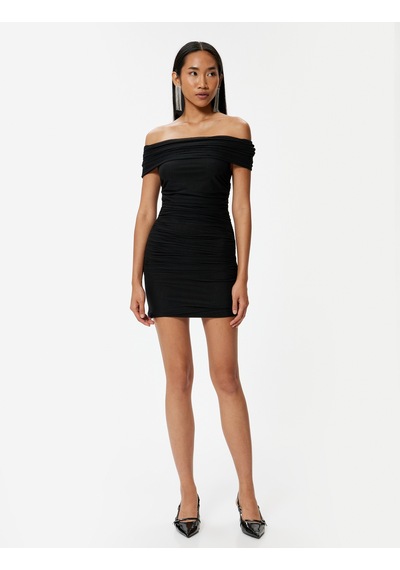Koton Mini Abiye Elbise Drapeli Madonna Yaka Slim Fit Siyah 5wak80030fk Siyah