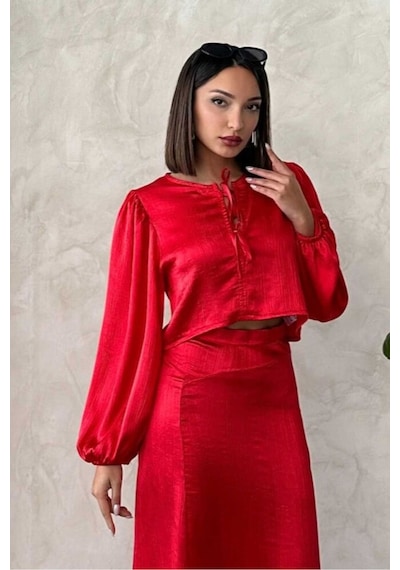 Verymoda Kraşlı Saten Önden Bağlamalı Bluz F1916 Kırmızı
