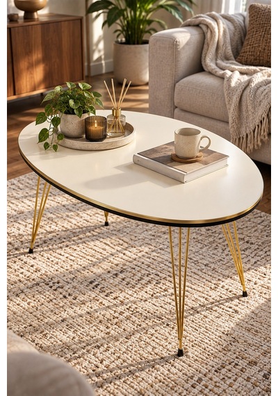 Sulorahome Orta Sehpa Elips Formunda Krem Ve Gold Detaylı Beyaz - Altın